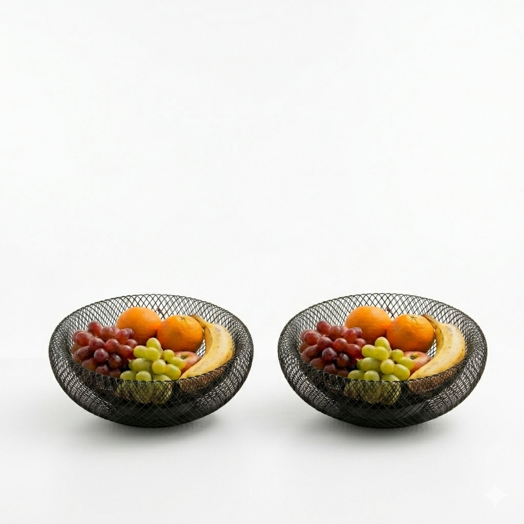 Vibe N Art Double Walled Mesh Wire Fruit Basket for Kitchen | Modern Black Iron Rod Decorative Storage Bowl for Dining Table
