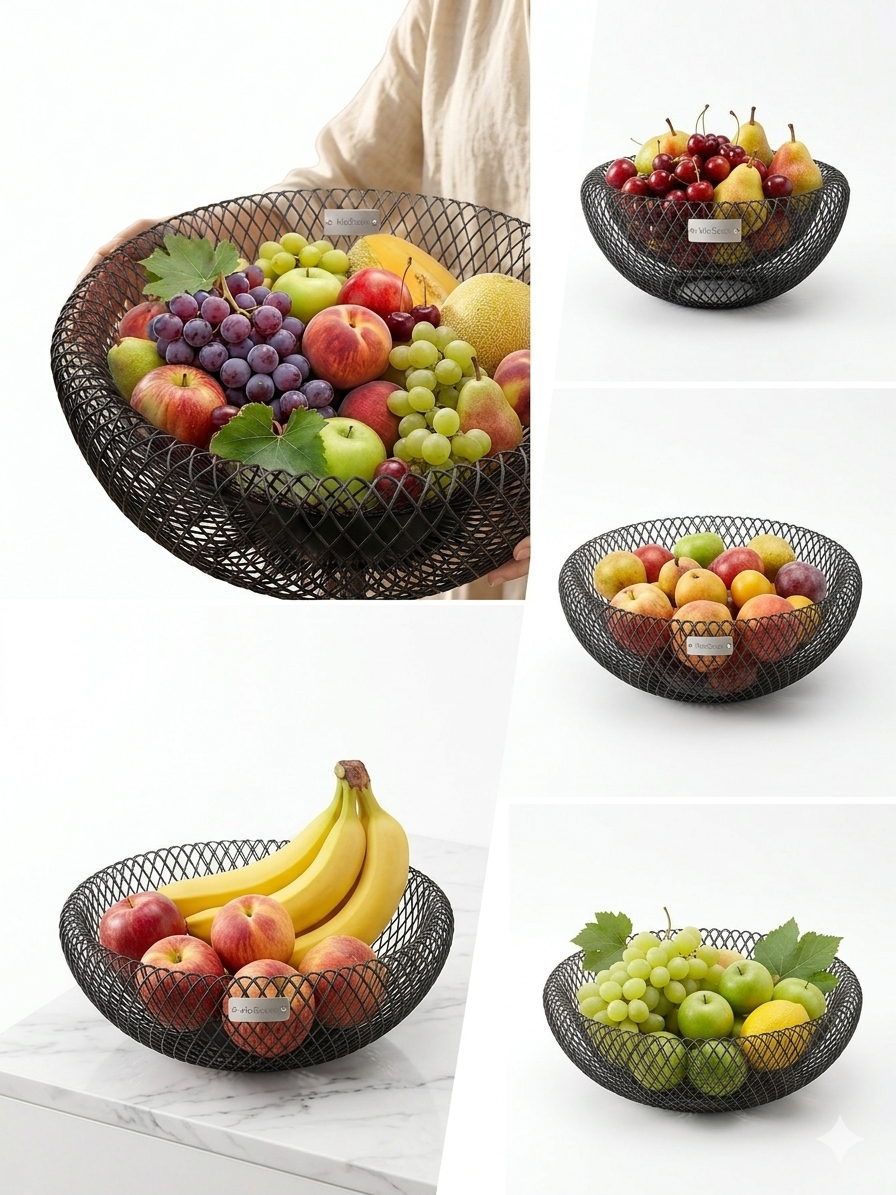 Vibe N Art Double Walled Mesh Wire Fruit Basket for Kitchen | Modern Black Iron Rod Decorative Storage Bowl for Dining Table