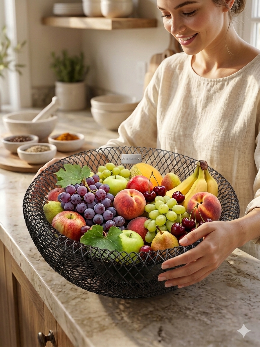 Vibe N Art Double Walled Mesh Wire Fruit Basket for Kitchen | Modern Black Iron Rod Decorative Storage Bowl for Dining Table