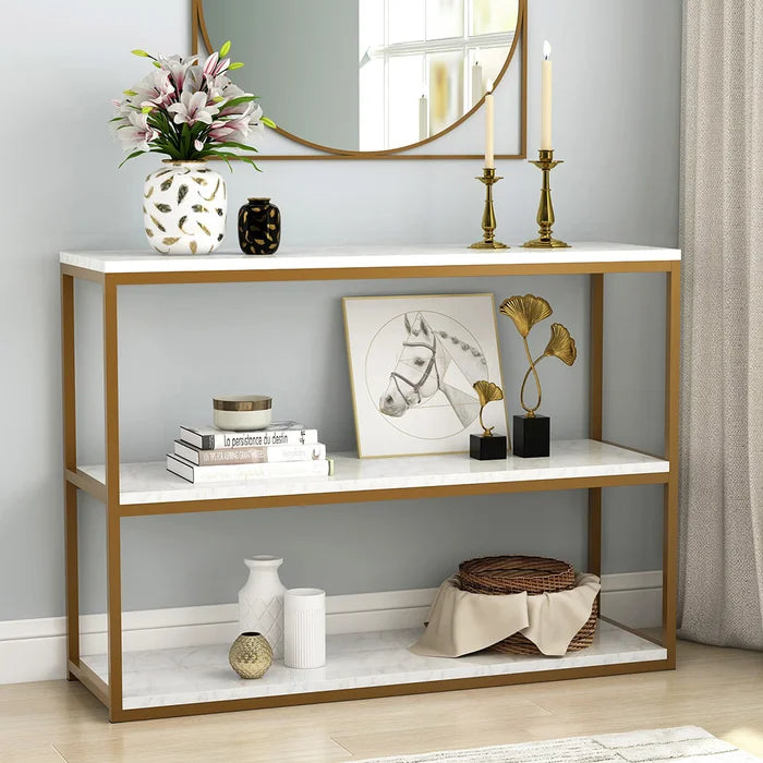 VA Vibe N Art Premium 3-Tier White Marble Console Table with Golden Finish Metal Frame