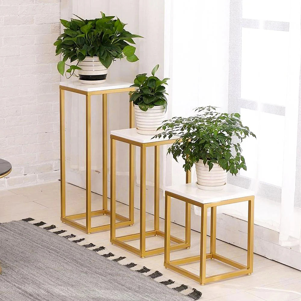 VA Vibe N Art Premium Nesting Plant Stand & Side Table Set (Set of 3, Golden Frame with White Top)