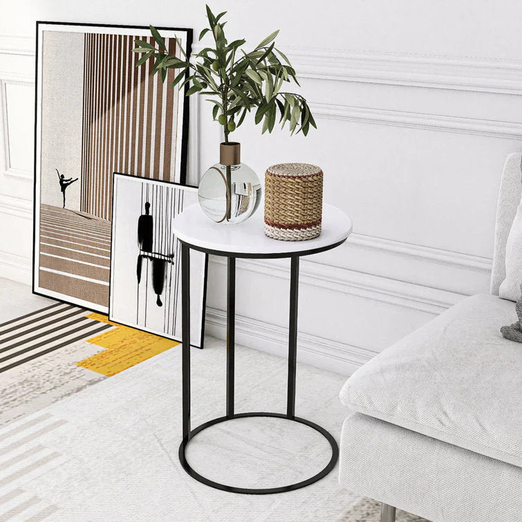 VA Vibe N Art Round White Marble Side Table with Elegant Black Metal Frame | Modern End Table for Living Room & Bedroom