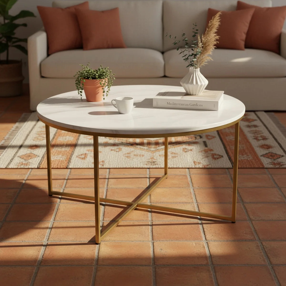 Modern Round Faux Marble Coffee Table with Golden Geometric Base | Luxury Living Room Center Table