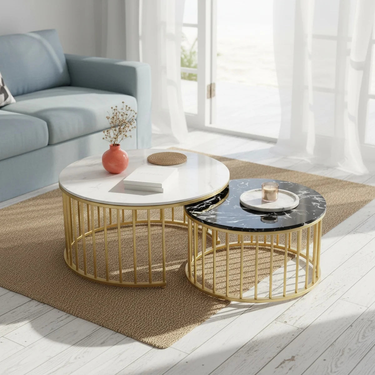 Product Title: Luxury Round Nesting Coffee Table Set of 2 – Gold Frame with White & Black Marble Top