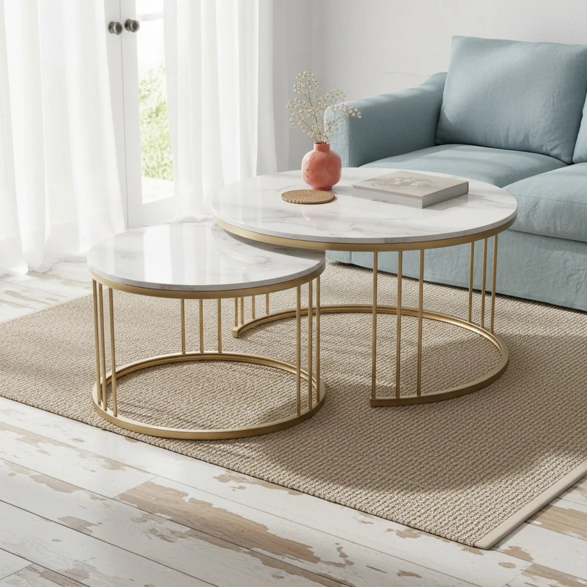 Luxury Round Nesting Coffee Table Set of 2 – White Marble Top with Gold Metal Frame